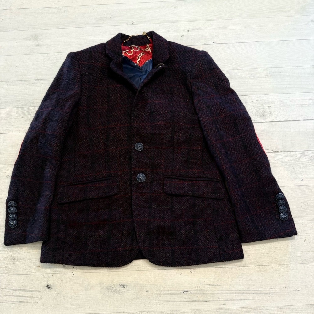 Elie‎ Balleh boys navy red Plaid Blazer Jacket size 8